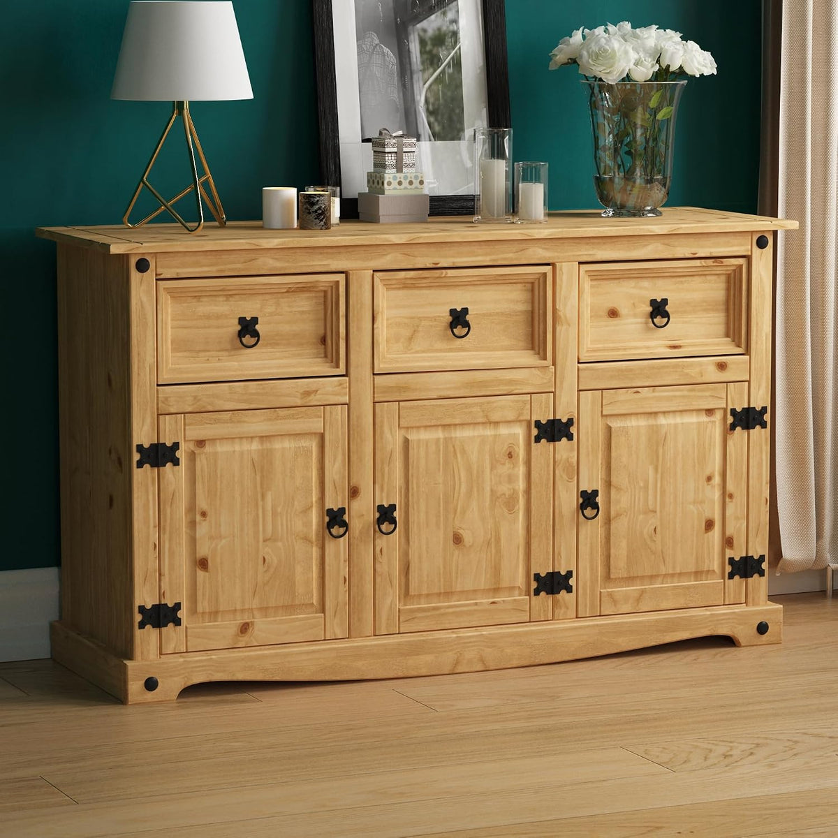 Credenza Vida Designs, 3 ante, 3 cassetti, Trasparente, legno, per soggiorno e camera da letto